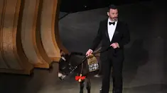 Pembawa acara Oscar 2023, Jimmy Kimmel berjalan di atas panggung dengan keledai selama ajang Academy Awards ke-95 di Dolby Theatre di Los Angeles, California, Minggu (12/3/2023). Jimmy Kimmel tiba-tiba membawa seekor keledai ke atas panggung seusai cuplikan film The Banshees of Inisherin yang masuk nominasi best picture. (Photo by Patrick T. Fallon / AFP)