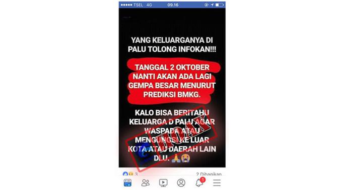 Muncul postingan di Facebook yang menyatakan tanggal 2 Oktober akan ada lagi gempa. (Doc: Kominfo)
