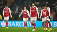 Arsenal kembali meraih hasil kurang maksimal di Liga Inggris saat bertandang ke markas Wolverhapton, Rabu (18/02/2026) waktu setempat. (AP Photo/Dave Shopland)