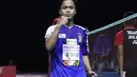 Ekspresi pemain Musica Trinity, Anthony Sinisuka Ginting, setelah mengalahkan wakil Jaya Raya, Tommy Sugiarto, pada Djarum Superliga Badminton 2019, Jumat (22/2/2019). (PBSI)