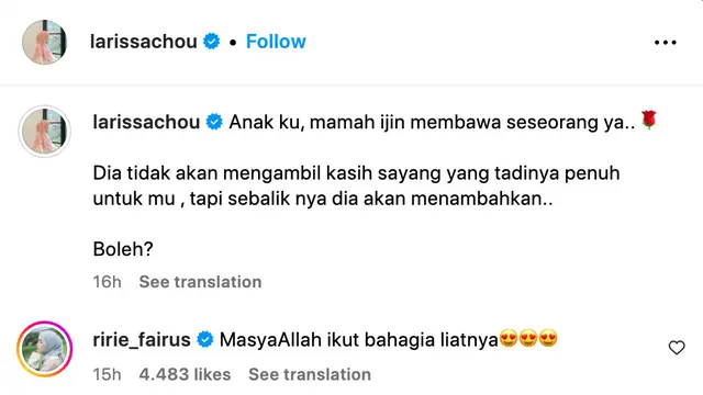 Unggahan Larissa Chou. (Foto: Dok. Instagram @larissachou)