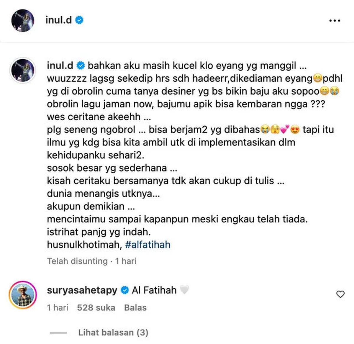 Curhat Inul Daratista Setelah Titiek Puspa Meninggal: Ada Ruang Hati Kosong, Yang Mengisi Telah Pergi