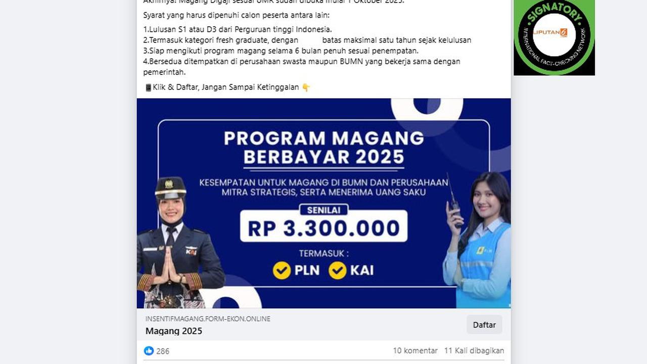 Tangkapan layar klaim link pendaftaran magang berbayar 2025 di Facebook.