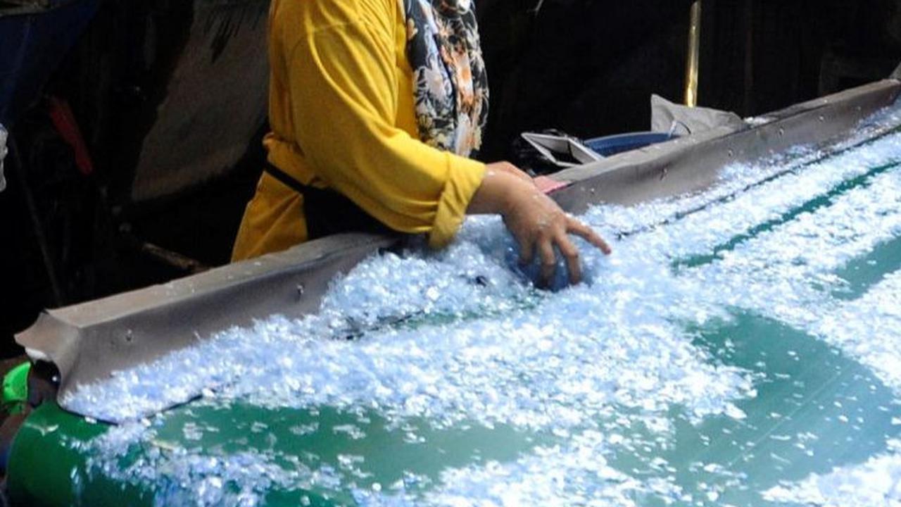 Seorang pekerja memilah plastik cacah  di Koperasi Pemulung Berdaya. Hasil dari daur ulang plastik tersebut akan dipasarkan kepada perusahaan berbahan baku plastik.<br>