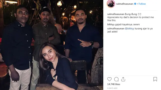 Salmafina Sunan dikawal tiga bodyguard (https://www.instagram.com/p/Bv0qoL4DeKu/)