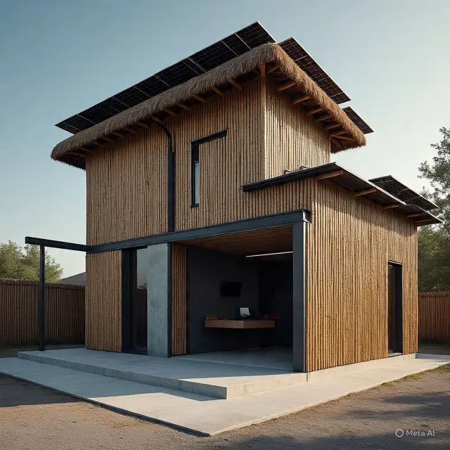 Rumah Industrial Bambu-Batako Kombinasi Atap Jerami-Genteng