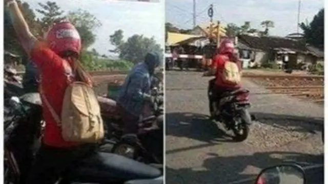 6 Potret Pengendara Motor Terjebak di Pintu Palang Kereta Api Ini Bikin Deg-degan