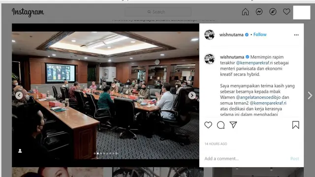 Unggahan terakhir Wishnutama sebagai Menparekraf yang kini digantikan Sandiaga Uno