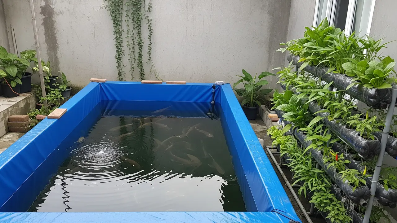 Desain Kolam Lele Terpal dengan Kebun Sayur Vertikal di Lahan 2x3 Meter
