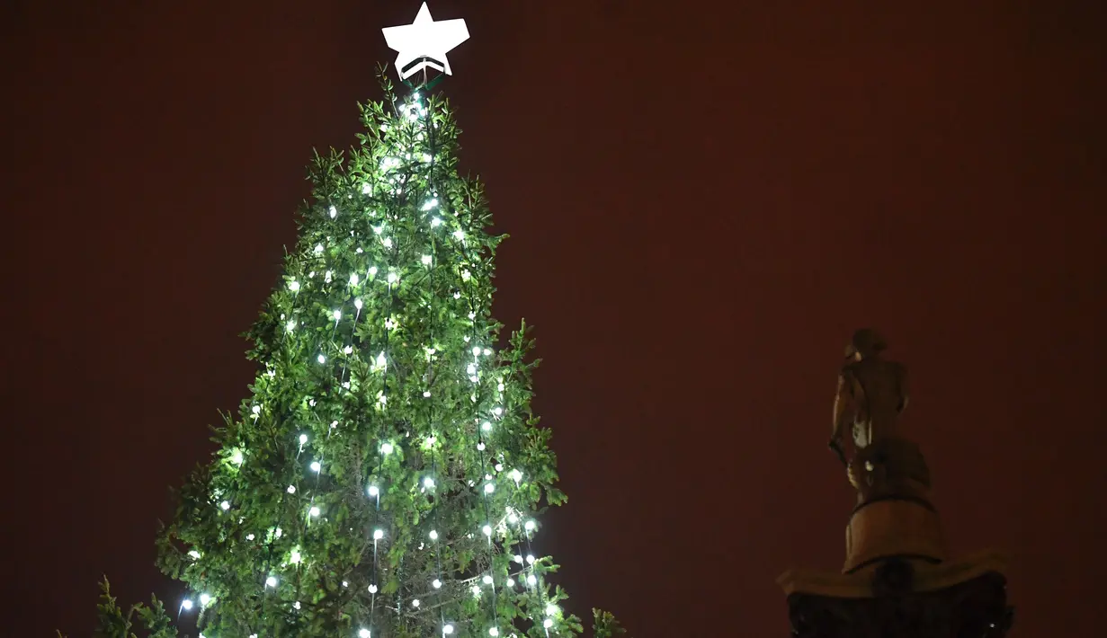 Cahaya kerlap-kerlip pohon Natal setelah tradisi penyalaan lampu di Trafalgar Square, Kamis (6/12). Setiap tahun London mendapat pohon Natal dari Norwegia sebagai tanda terima kasih atas dukungan Inggris selama perang dunia II. (Ben STANSALL / AFP)