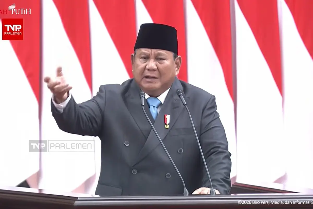 Presiden Prabowo Subianto dalam pidato perdana pada Rapat Paripurna DPR ke-19 Masa Persidangan V Tahun Sidang 2025-2026 di Gedung Nusantara MPR/DPR/DPD, Jakarta, Rabu (20/5/2026).
