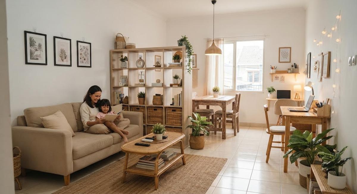 Dekorasi rumah kontrakan tanpa merusak dinding yang cocok buat keluarga muda model furnitur sebagai pembatas ruang