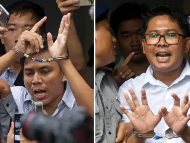 Dalam gambar kombinasi yang dibuat dari dua foto, wartawan Reuters Kyaw Soe Oo (kiri) dan Wa Lone diborgol saat mereka dikawal oleh polisi di luar pengadilan di Yangon, Myanmar Senin (3/9). Mereka berdua dijatuhi hukuman 7 tahun penjara. (AP/Thein Zaw)