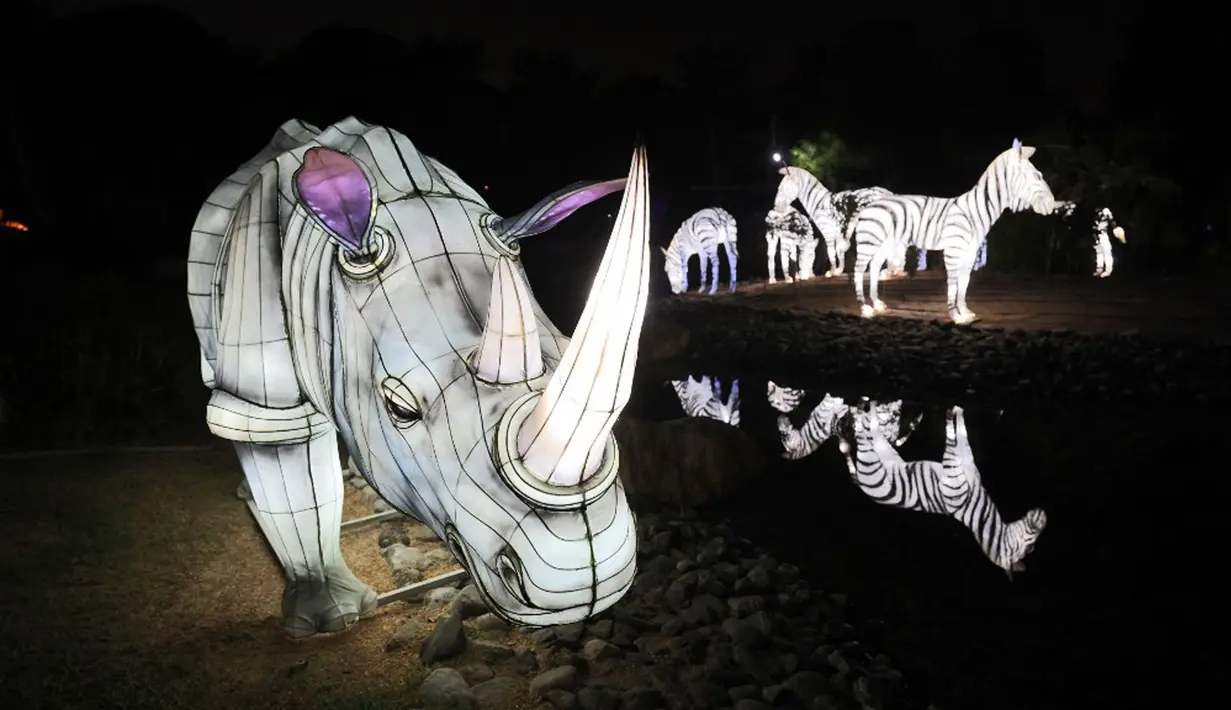 Instalasi lampu karakter badak di Dubai Garden Glow, Dubai, Uni Emirat Arab, 1 November 2021. Instalasi tersebut dibuat dari lebih satu juta bohlam penghemat energi dan kain bercahaya daur ulang karya seniman seluruh dunia. (GIUSEPPE CACACE/AFP)