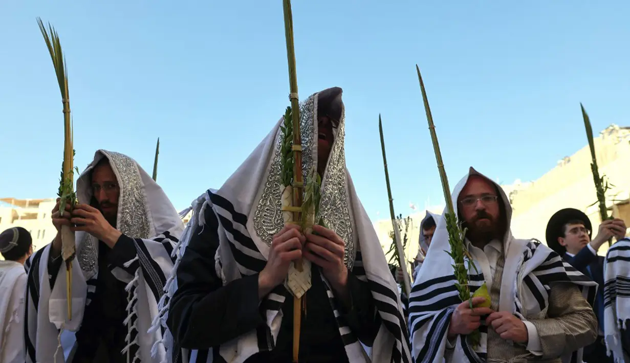 Umat Yahudi memanjatkan doa saat memperingati Hari Raya Sukkot di Tembok Barat, Kota Tua Yerusalem, 22 September 2021. Sukkot adalah hari raya untuk memperingati eksodus bangsa Israel dari Mesir sekitar 3200 tahun yang lalu. (Emmanuel DUNAND/AFP)