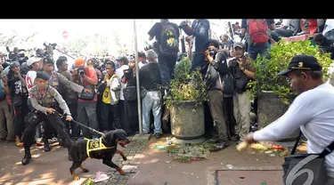 Anjing Polisi terlihat siap menyerang pendemo MK di kawasan patung kuda, Jakarta, Kamis (21/8/2014) (Liputan6.com/Miftahul Hayat)