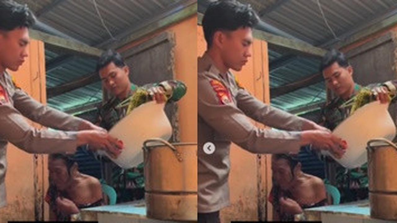 Menyentuh Hati, Momen Abang Adik TNI Polri Memandikan Ibunya yang Sakit, Netizen 'Dua Saudara Mandikan Surganya