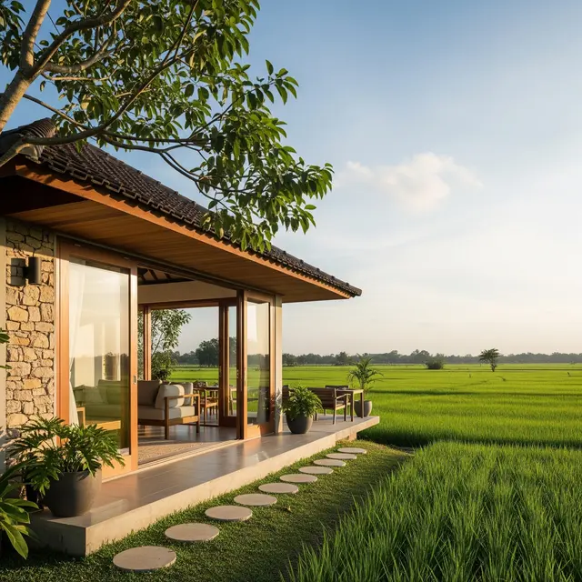Desain Rumah Pedesaan dengan Teras Lebar Menghadap Sawah (Gambar: Gemini AI)