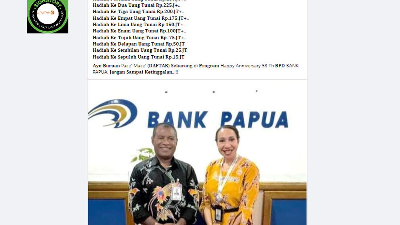 Tangkapan layar klaim Bank Papua bagikan uang Rp 1 miliar dalam rangka hari jadi ke-58