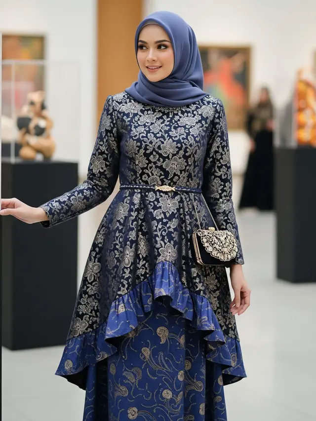 Model Gamis Batik Modern dengan Ruffle Minimalis di Bagian Hem