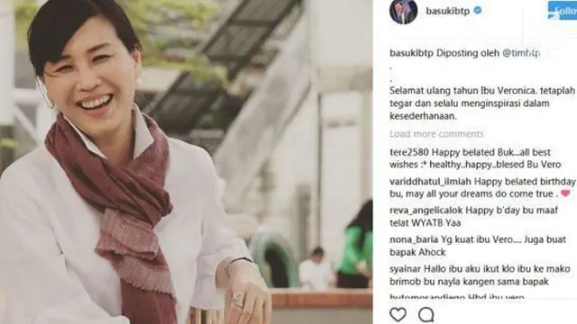 Istri mantan Gubernur DKI Jakarta Ahok, Veronica Tan berulang tahun. Melalui Instagram, tim media Ahok mengunggah foto dan ucapan untuknya.