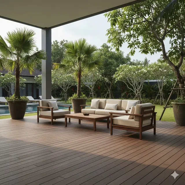 Teras Tropis Modern dengan Wooden Deck (Gemini AI)