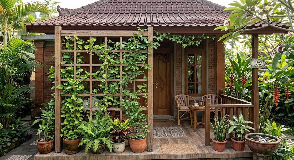 Inspirasi sekat teras dari material alami untuk rumah mungil model sekat kayu dan tanaman merambat