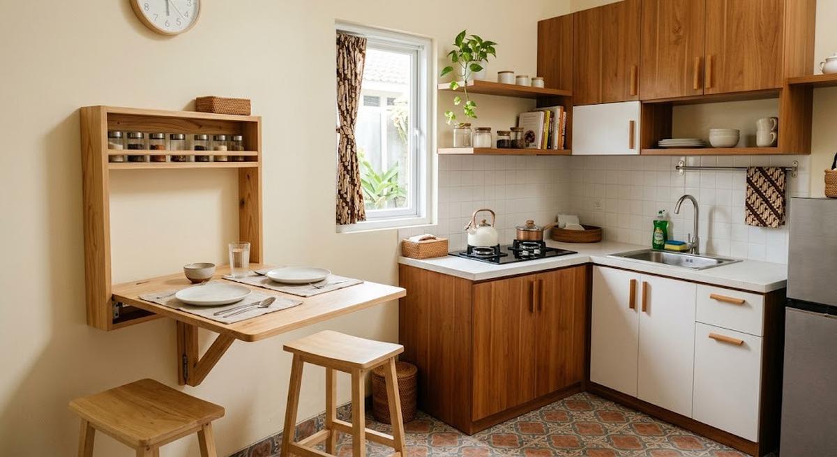 Ide dapur kecil dengan meja makan lipat yang cocok buat rumah minimalis model dengan warna senada dapur