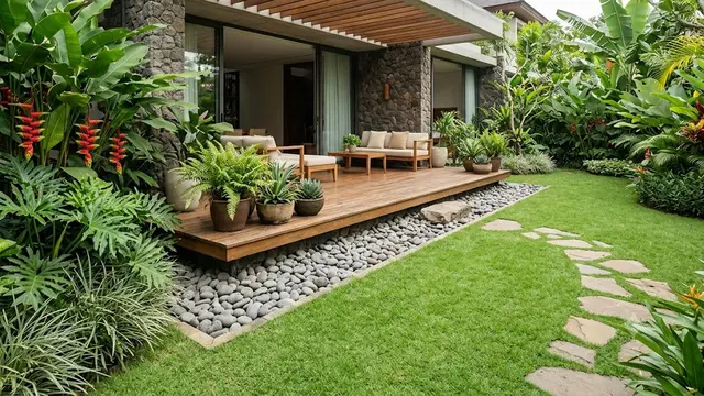 Border Teras dengan Batu Kali dan Hamparan Rumput Jepang
