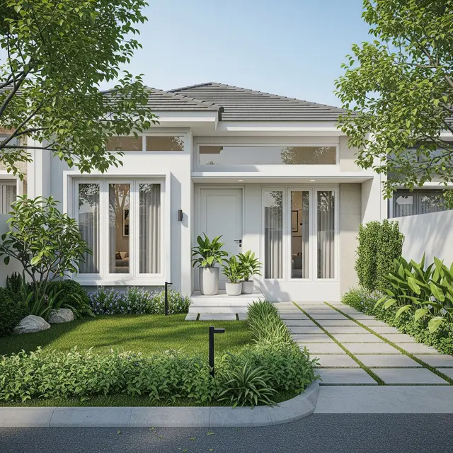 Model Rumah 6x8 Minimalis 2 Kamar Tidur dengan Taman Depan Asri