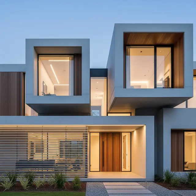 Fasad Modern dari Perpaduan Beton, Kaca, dan Kayu (AI Generated)