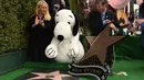 Reaksi Snoopy saat mendapat anugerah bintang Hollywood Walk of Fame di California, Senin (2/11). Untuk merayakan 65 tahun Snoopy dan Charlie Brown, film terbaru  berjudul The Peanuts Movie  dirilis pada 6 November di AS. (AFP PHOTO/Robyn Beck)