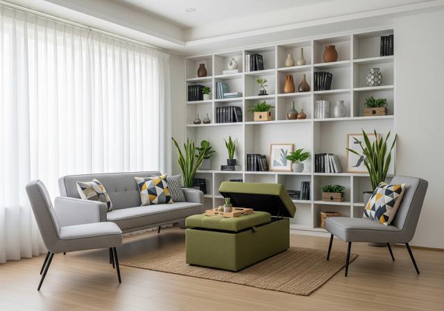 Furnitur Multifungsi dan Skala yang Tepat/Inspirasi Desain Ruang Tamu Luas di Rumah Kecil (Sumber: gemini.com)