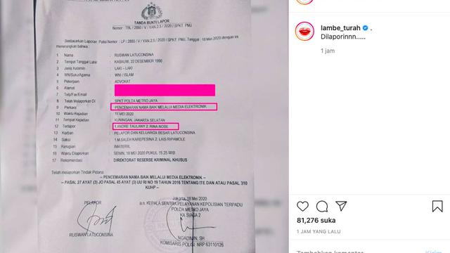 Bukti Laporan Ruswan Latuconsina terhadap Andre Taulany dan Rina Nose