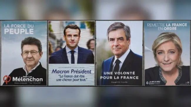 Empat kandidat kuat Pilpres Prancis 2017 (dari kiri ke kanan) Jean-Luc Melenchon, Emmanuel Macron, Francois Fillon, dan Marine Le Pen (AP)