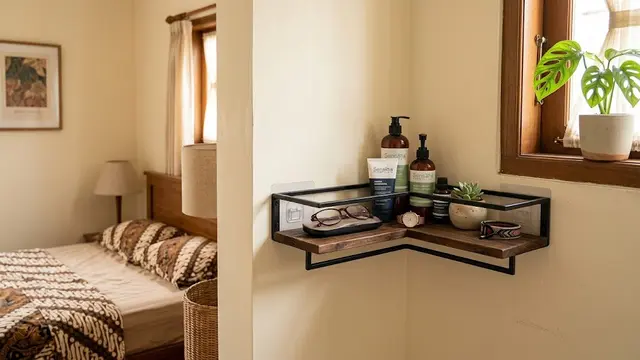 Ide rak gantung tanpa bor di kamar yang hemat ruang dan kokoh model rak sudut dengan perekat