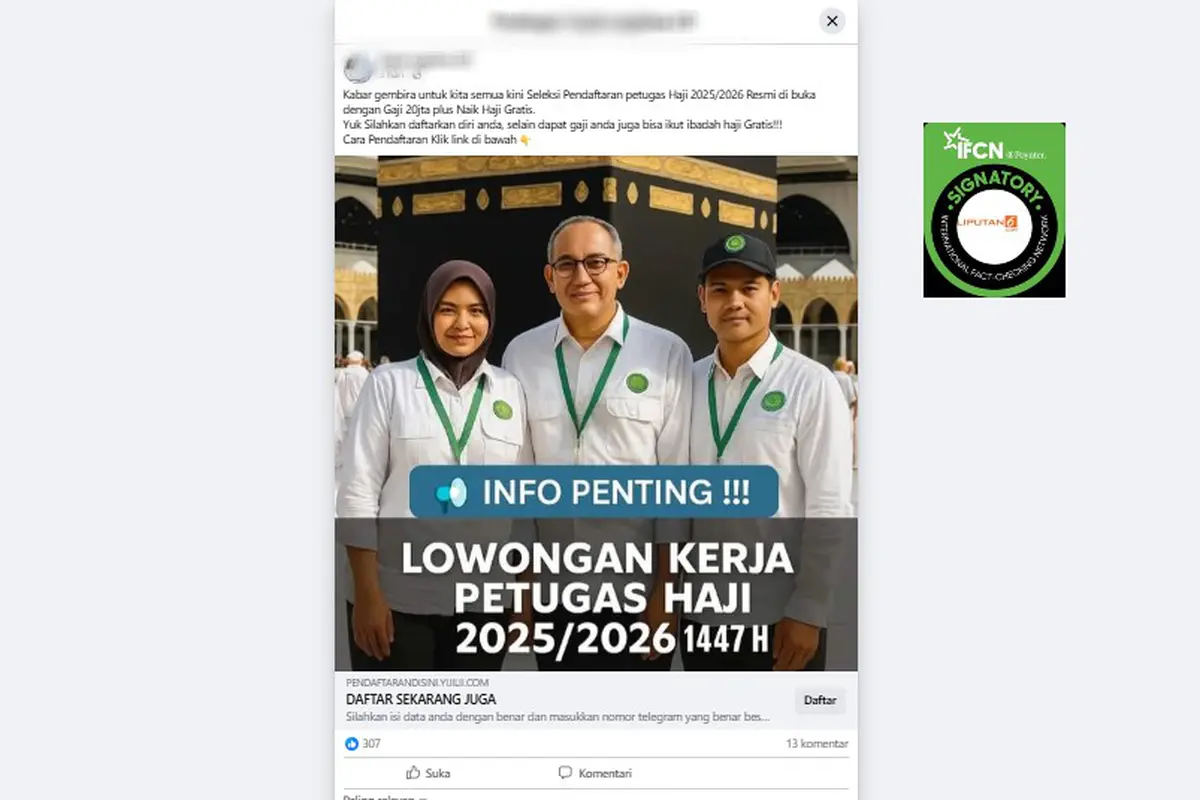 Tangkapan layar klaim tautan pendaftaran petugas haji 2025/2026 yang beredar di Facebook.