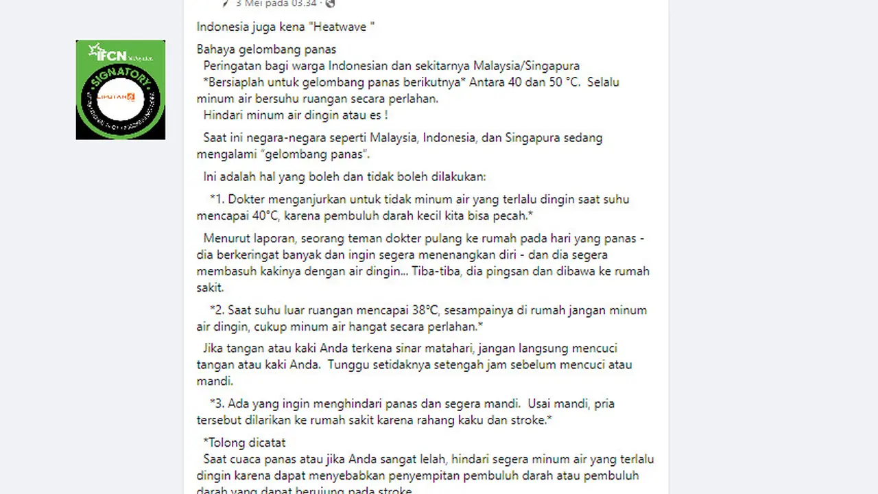 Tangkapan layar klaim stroke dipicu minum air dingin saat gelombang panas melanda Indonesia.