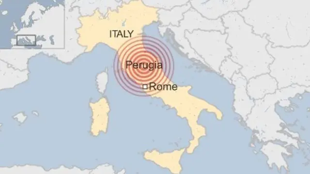 Lokasi gempa di Italia tengah. (BBC)