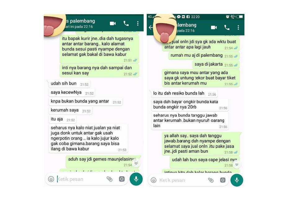 (Foto: Munirah Nhira Atsiqoh/Facbook) Pihak pembeli merasa kecewa karena bukan penjual langsung yang mengirim barangnya. Ia takut bahwa kurir yang mengantar barang akan menghilangkan barangnya.