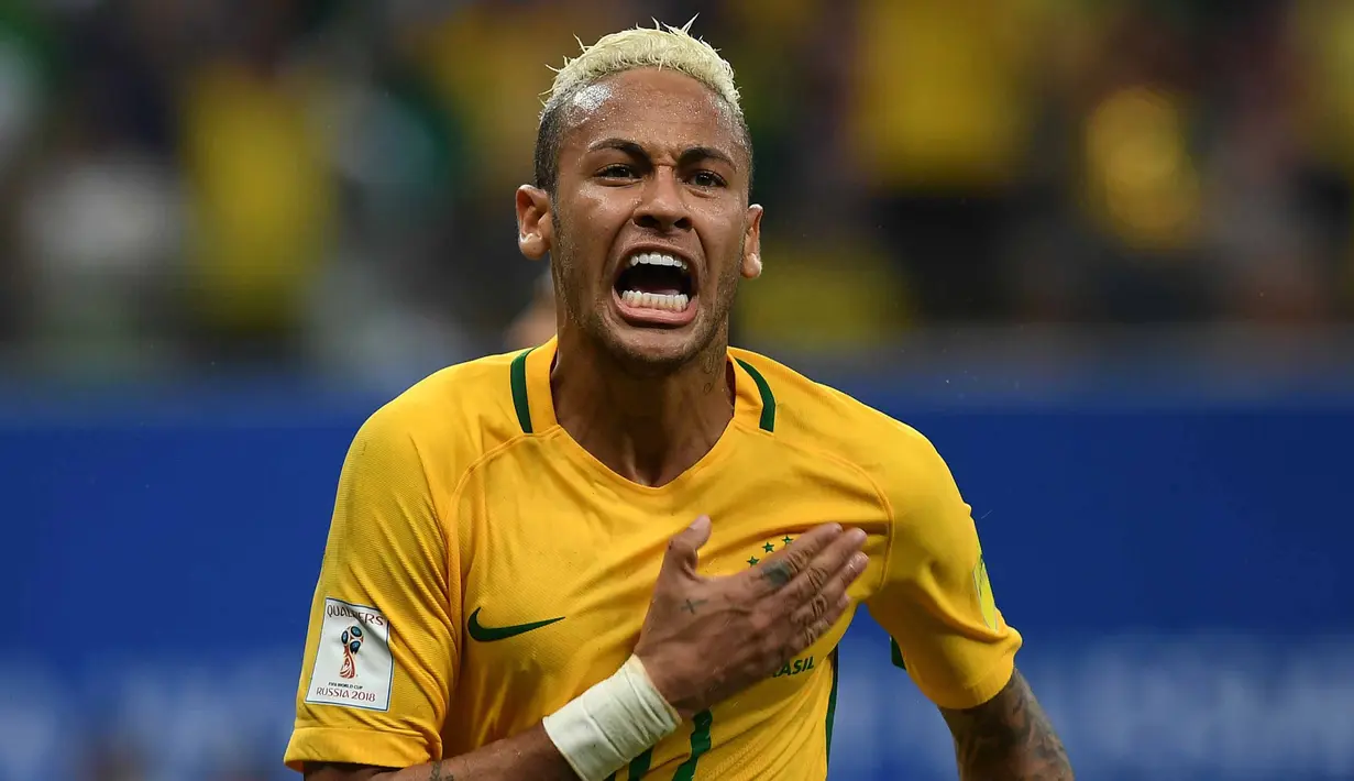 Neymar Jr merayakan golnya ke gawang Kolombia pada kualifikasi Piala Dunia 2018 zona Conmebol di Manaus, Brasil, (7/92016) WIB. (AFP/Vanderlei Almeida)