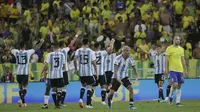 Pemain Argentina merayakan gol ke gawang Brasil di Kualifikasi Piala Dunia 2026 (AP)