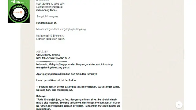 Tangkapan layar informasi gelombang panas melanda Indonesia dan bahaya jika meminum air dingin