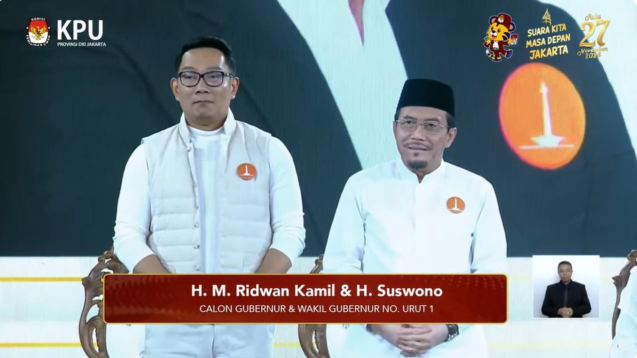 Paslon Pilkada Jakarta 2024 nomor urut 1 Ridwan Kamil-Suswono dalam debat perdana Pilkada Jakarta 2024, Minggu (6/10/2024) di JIExpo Kemayoran, Jakarta Pusat.