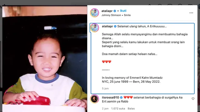 Unggahan Atalia Praratya soal Eril. (Foto: Dok. Instagram @ataliapr)