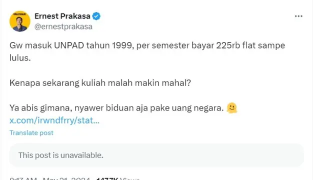 Sindir Kenaikan UKT, Ernest Prakasa Singgung Uang Kuliahnya Dulu dan Kasus Korupsi SYL