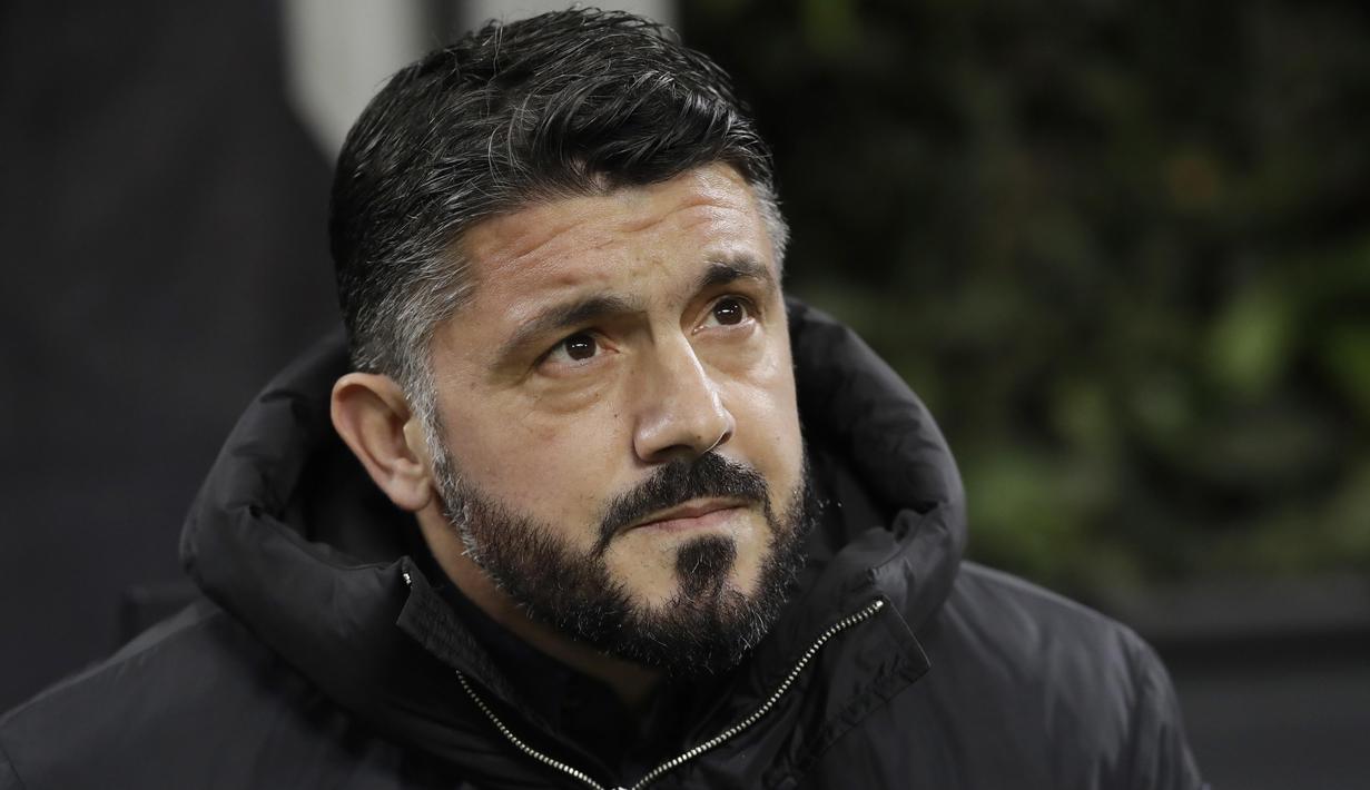 Pelatih AC Milan, Gennaro Gattuso, saat melawan F91 Dudelange pada laga Liga Europa di Stadion San Siro, Kamis (29/11). AC Milan menang 5-2 atas F91 Dudelange. (AP/Luca Bruno)