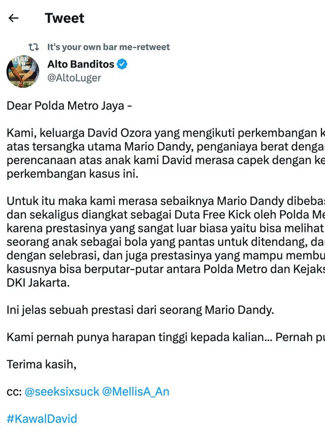 Surat terbuka keluarga David Ozora untuk Polda Metro Jaya. (Foto: Dok. Twitter @AltoLuger)