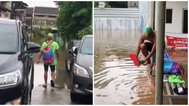 Viral Pemuda Pakai Perlengkapan Bak Atlet Renang di Genangan Banjir