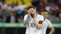 Striker Argentina, Lionel Messi, menelan kekalahan di laga pertama Copa America 2019. (AP Photo/Natacha Pisarenko)
